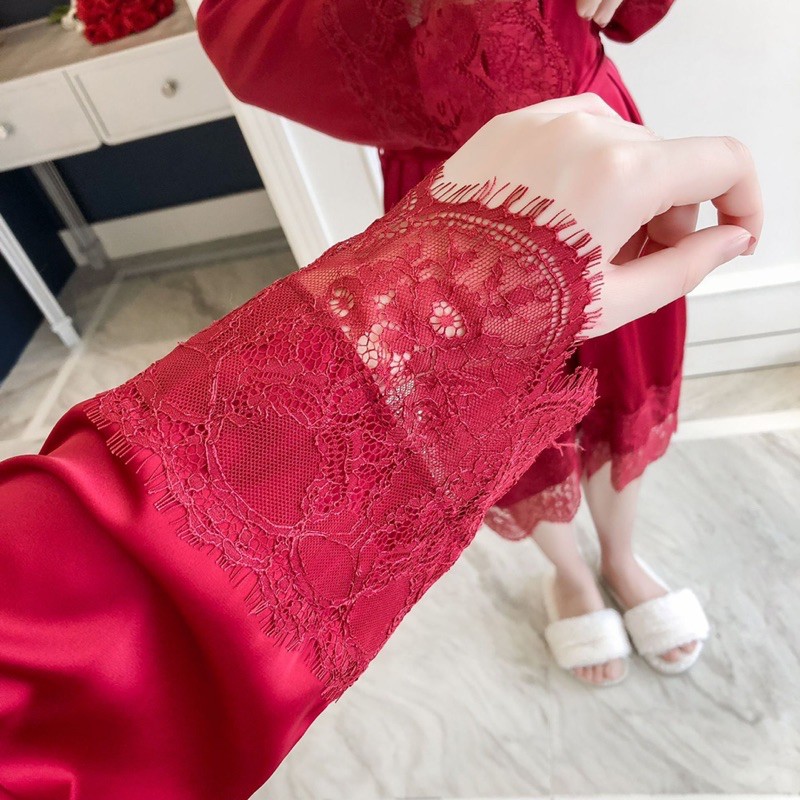 Set váy ngủ⚡️FREESHIP⚡️Đồ mặc nhà lụa cao cấp, Đồ ngủ  Gồm Váy viền ren và áo choàng Sexy gợi cảm, 4 màu xinh xắn | BigBuy360 - bigbuy360.vn