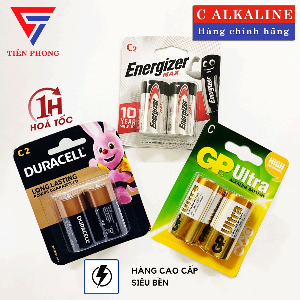 Pin Trung C Alkaline Chính Hãng Duracell, Energizer, GP - Vỉ 2 viên