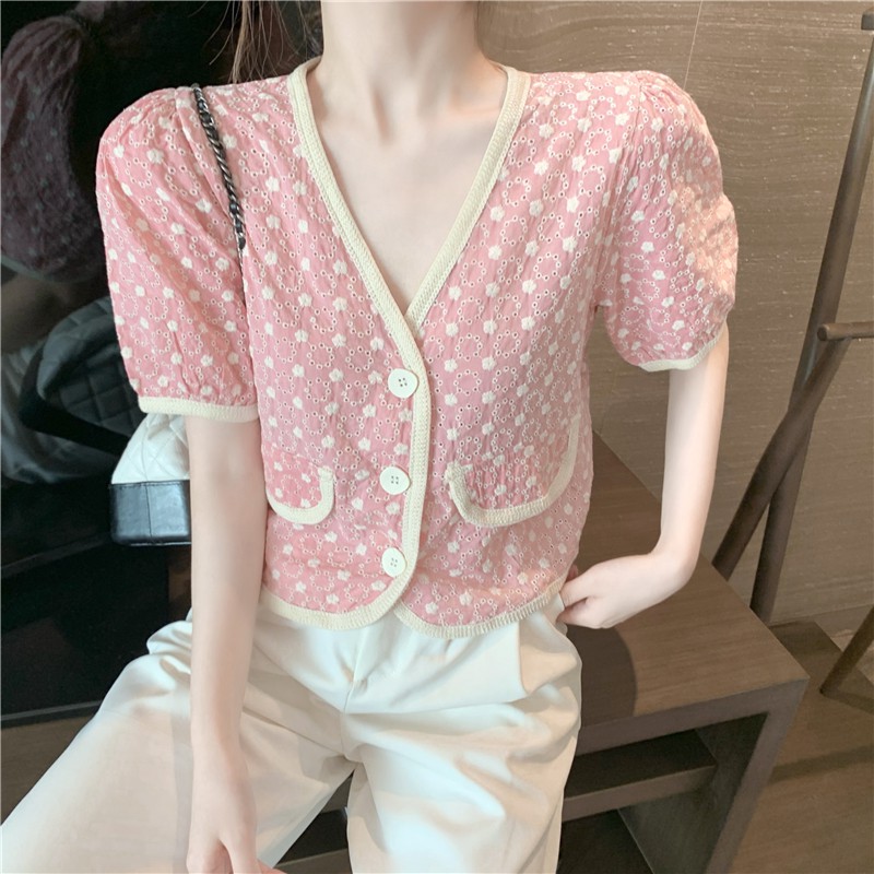 Vintage Crochet Hollow Hong Kong Flavor V-neck Short Sleeve Top