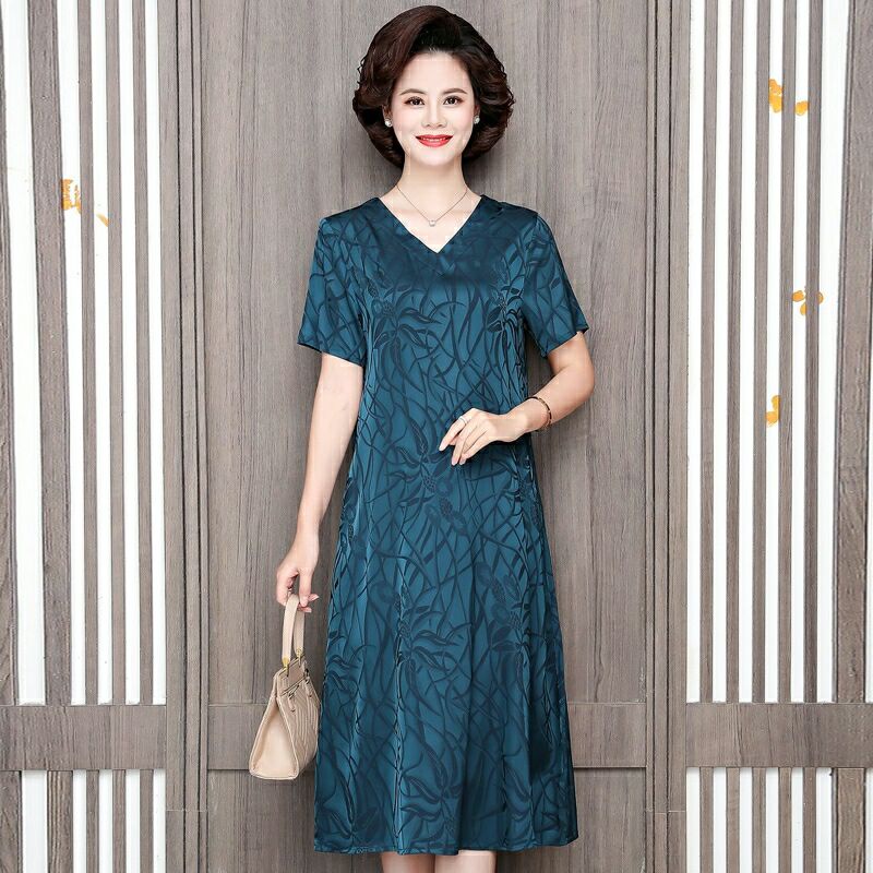 Đầm trung niên đầm nữ trung niên đơn giản Đầm Tay Ngắn Chất Liệu Lụa Thời Trang Mùa Hè Cho Phụ Nữ Trung Niên