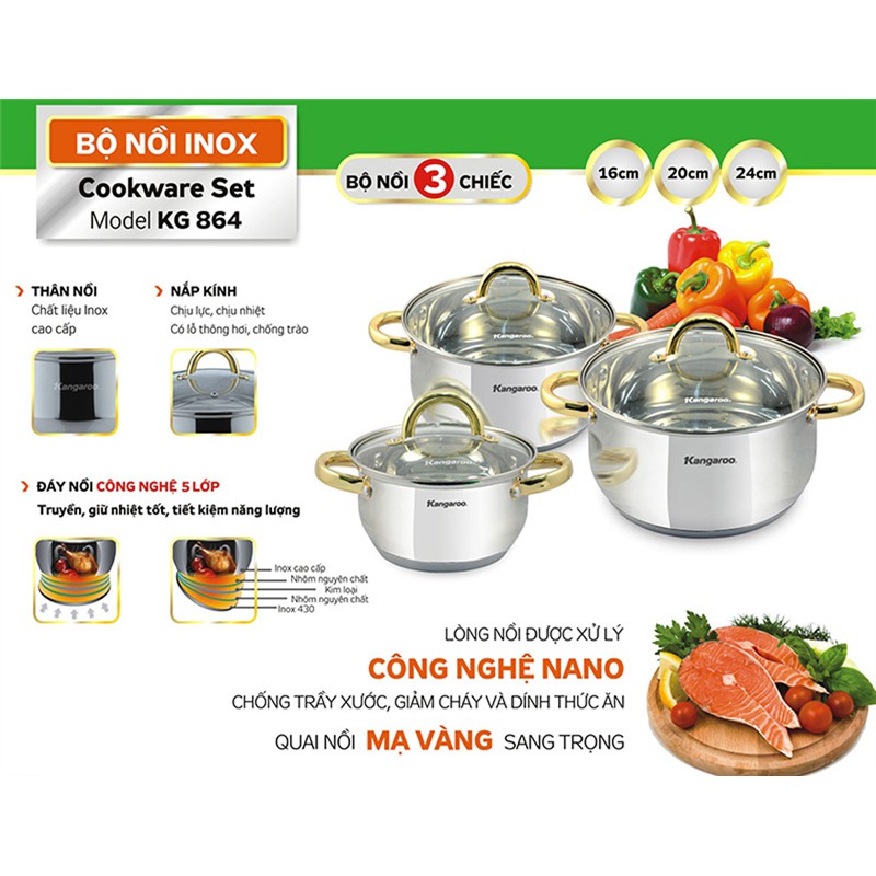 Bộ 3 nồi Inox cao cấp 5 lớp Kangaroo KG864, 868- LJ-MART