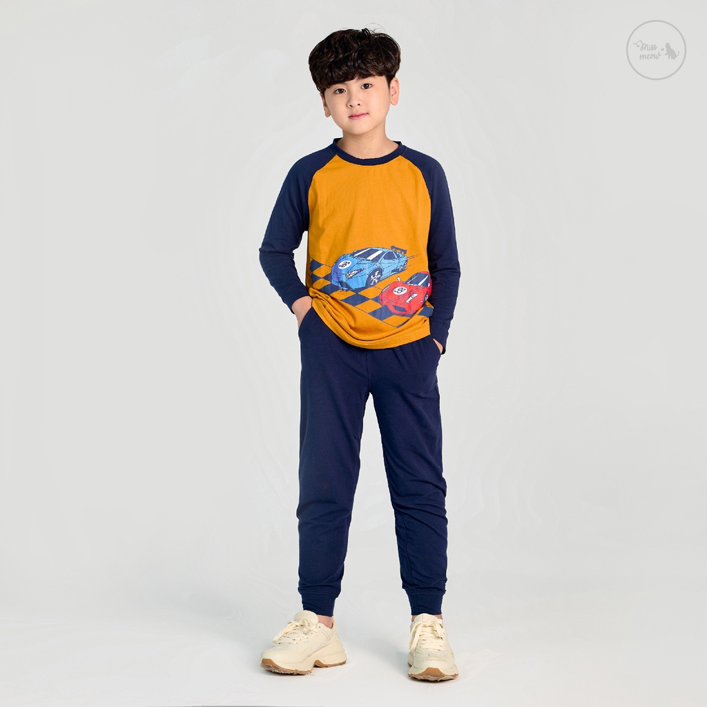 Quần áo thu đông bé trai size đại Bigfox Miss Meow, bộ dài tay cho bé vải cotton phối màu in ô tô đua size 3,4,5...10,11