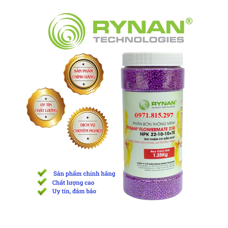 Phân tan chậm thông minh Rynan Flowermate 210 NPK 22-10-10 TE hũ 1,25 kg chuyên dùng cho phong lan trưởng thành