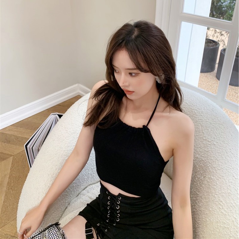 Áo 2 dây ZHELIHANGFEI dệt kim dáng ngắn hở lưng xinh xắn