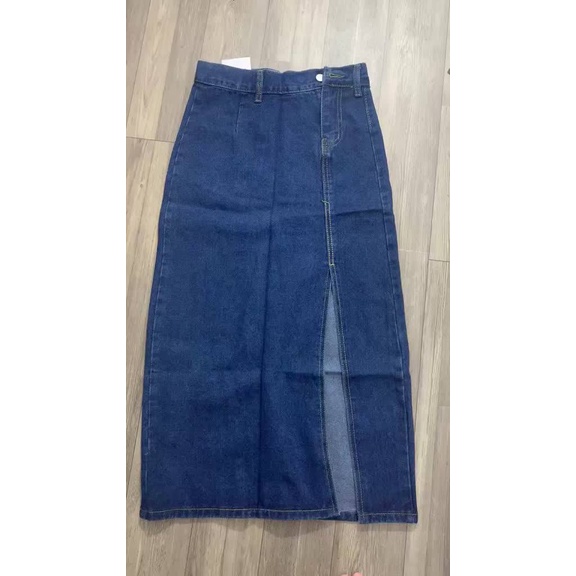 Chân váy jean một khuy trơn cv bò dáng dài xẻ tà cạp cao hách dáng mẫu mới nhất-Minxy shop