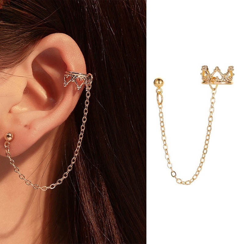 Khuyên tai kẹp vành hình vương miện phối dây xích phong cách thời trang cá tính dành cho nữ