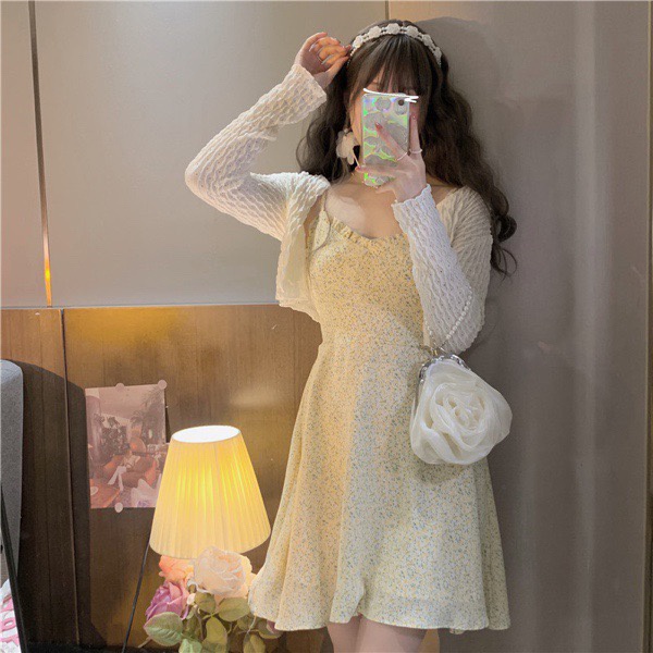 Váy hoa nhí hai dây ngực bèo dáng ngắn phối cardigan thun hè Ulzzang Style 🌸 Hàng Quảng Châu