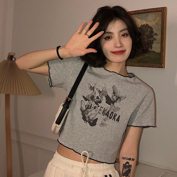 Áo Thun Tay Ngắn Dáng Rộng In Hình Bướm Kiểu Hàn Quốc Thời Trang Mùa Hè Cho Nữ