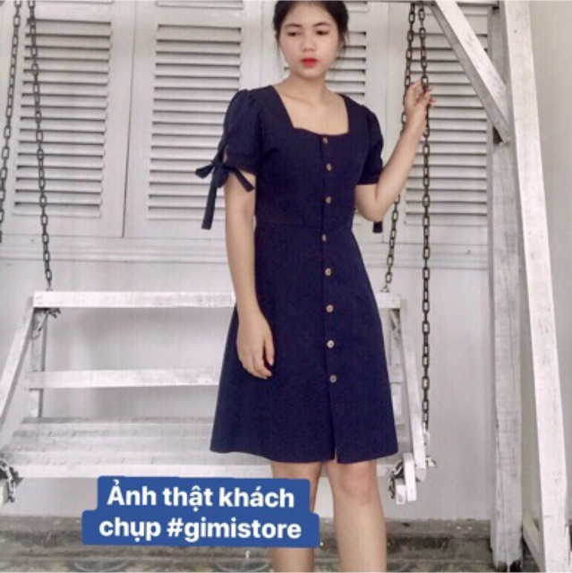 ĐẦM CỔ VUÔNG TAY NƠ kt ( Kèm ảnh thật)