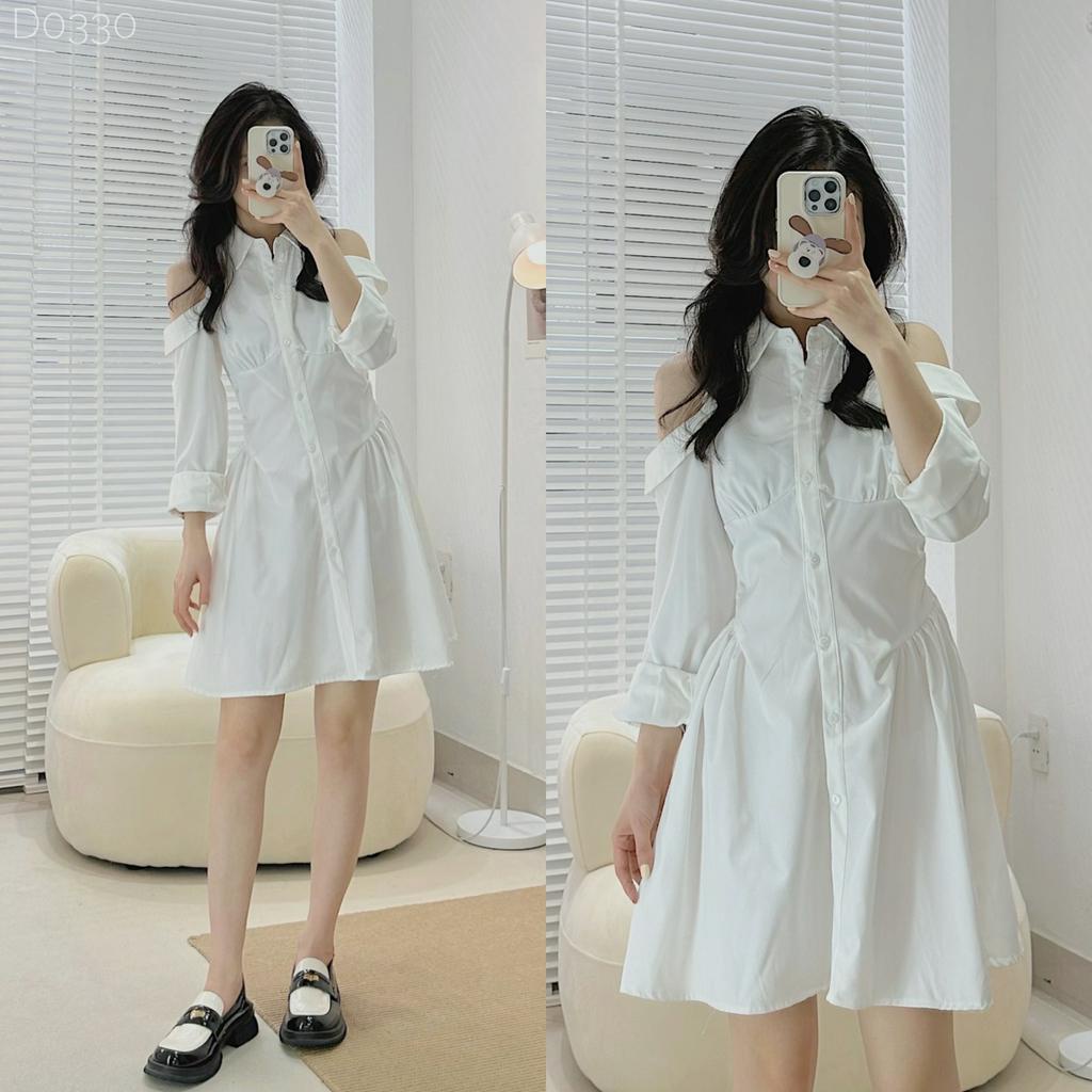 [D0330] Đầm thô 2 da trơn khoét vai nhún ngực eo form ôm xòe (Ảnh thật/ có sẵn)