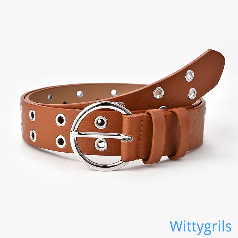 Thắt lưng nữ bằng da PU thiết kế lỗ đinh tán 2 hàng phong cách punk cá tính