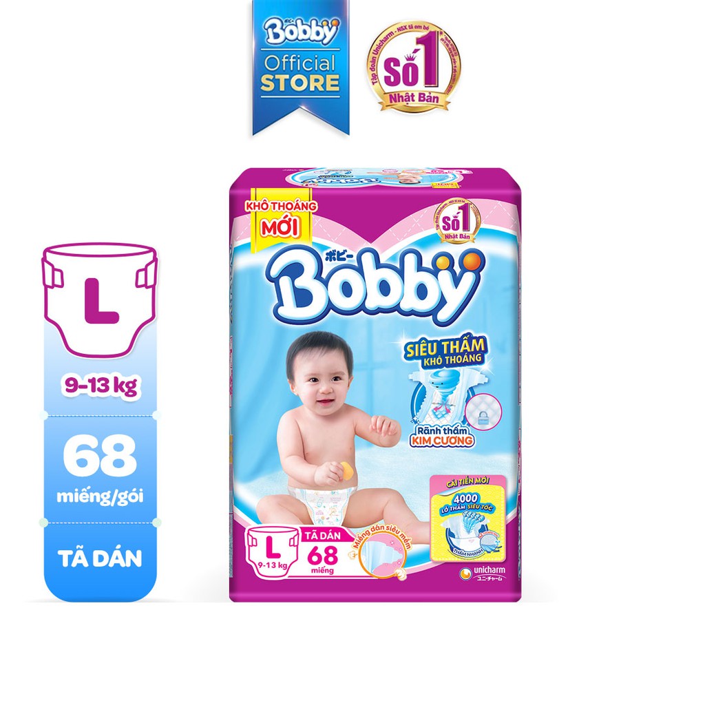 [Chỉ giao miền Bắc] Tã Dán Bobby Siêu Thấm – Khô Thoáng S80/M76/L68/XL62/XXL56