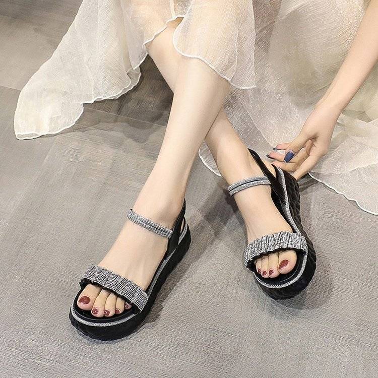 Sandal Chiều cao gót 5 cm Chiến Binh Dây Co Giãn Đính Đá Cổ Tích La Mã Cho Nữ