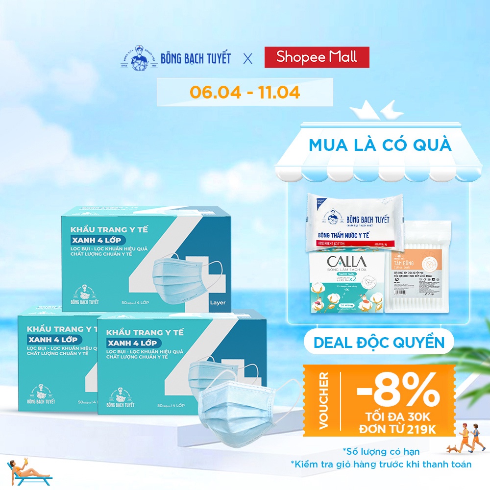 Combo 3 Hộp Khẩu trang Bông Bạch Tuyết 4 lớp xanh (50 cái/hộp)