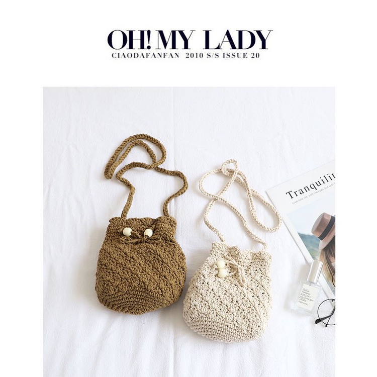 Túi Macrame đeo chéo - dây rút hột gỗ trắng - đan họa tiết vảy cá