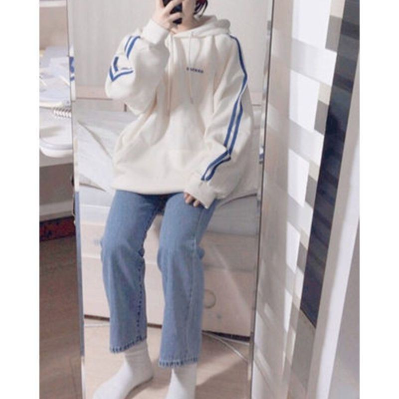 [Hàng order] Áo nỉ hoodie trắng kem sọc xanh xinh xinh (ảnh thật) | BigBuy360 - bigbuy360.vn