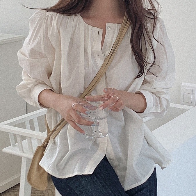 SUXI Áo Sơ Mi Tay Dài Màu Sắc Đơn Giản Phong Cách Vintage Hàn Quốc