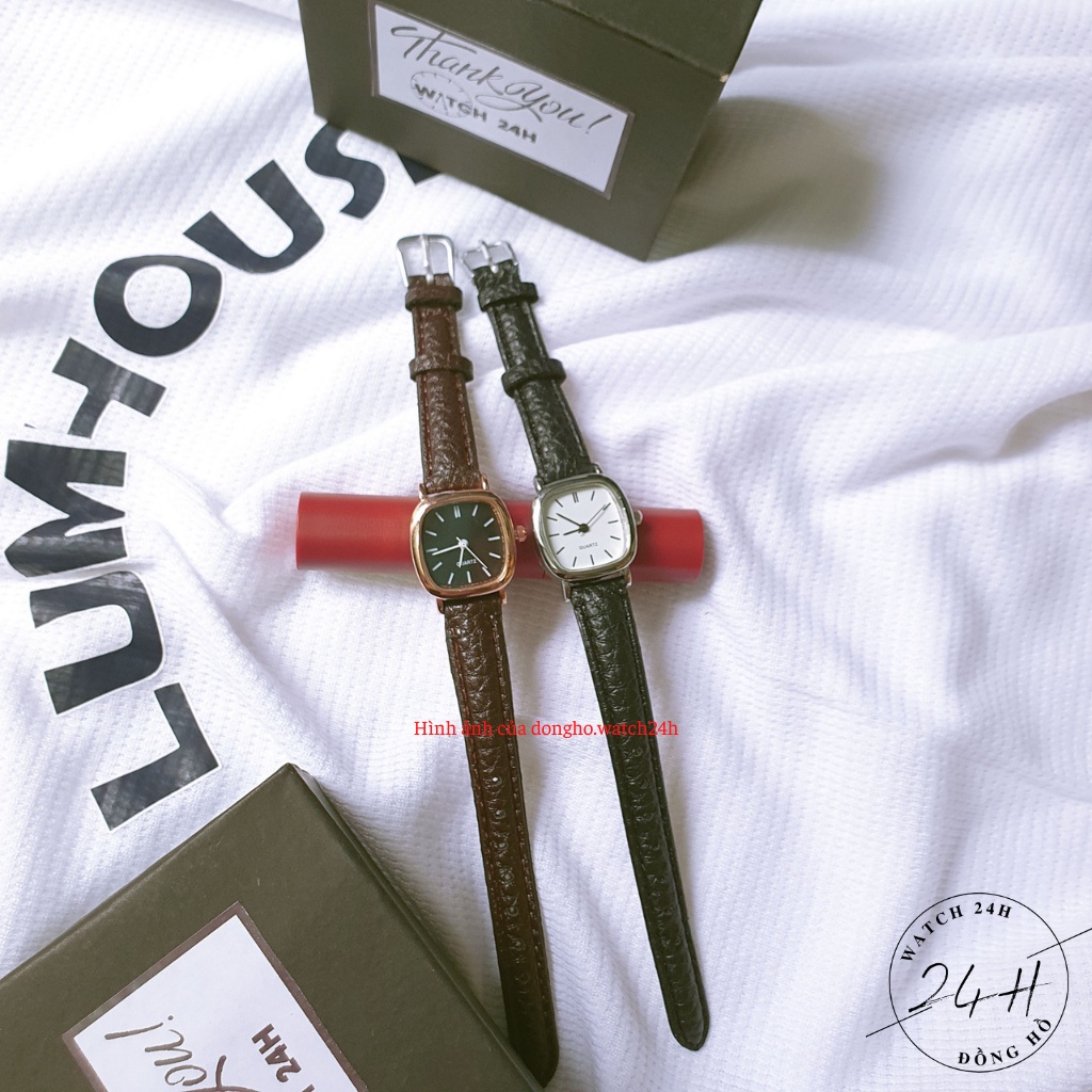 đồng hồ nữ, đồng hồ dây da Vintage V3 nhỏ xinh cho các nàng tay nhỏ , mặt vuông bo tròn cá tính