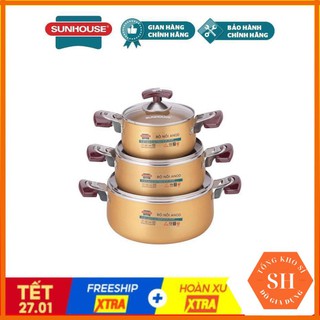 Bộ Nồi Anod Sunhouse SH6634, Bộ Nồi Sunhouse Cao Cấp SH6634 An Toàn Sức Khoẻ, Dễ Vệ Sinh -Hàng Chính Hãng