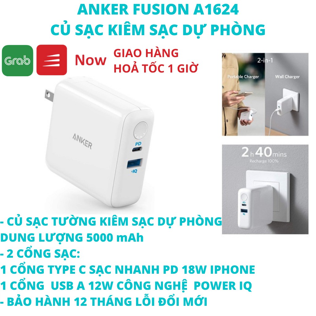 Củ Sạc Kiêm Pin Dự Phòng Anker Fusion III A1624 - 5000mAh - Sạc nhanh PD 18W - Usb 12W cho IPhone Android