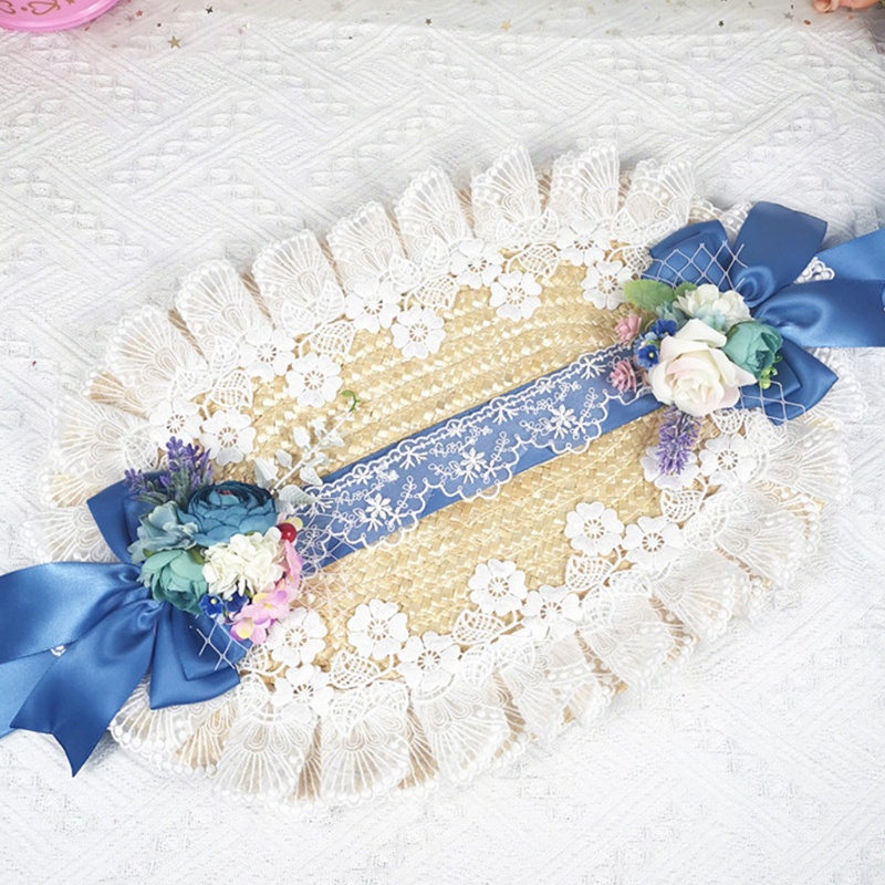 Nón Rơm Phối Dây Ruy Băng Ren Thắt Nơ Ngọt Ngào Phong Cách Lolita