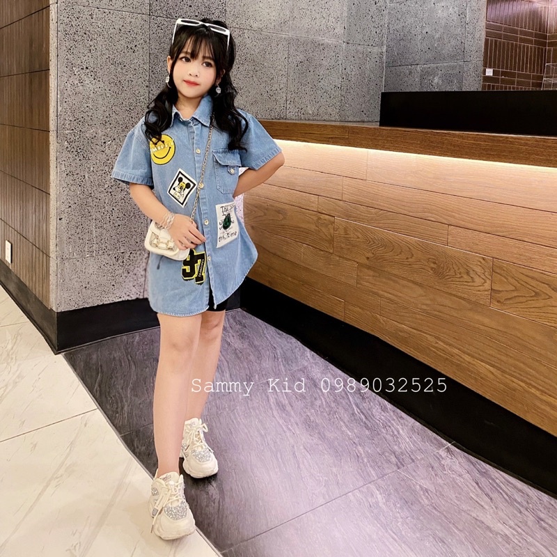 Set Áo Jean hình ngộ nghĩnh Quần legging đùi cho bé gái size đại 17-43kg cá tính
