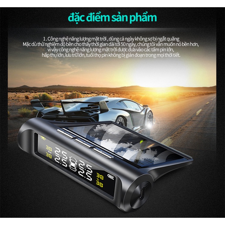 Cảm biến áp suất lốp ô tô cao cấp màn hình LCD pin mặt trời có thể sạc lại - CZ11