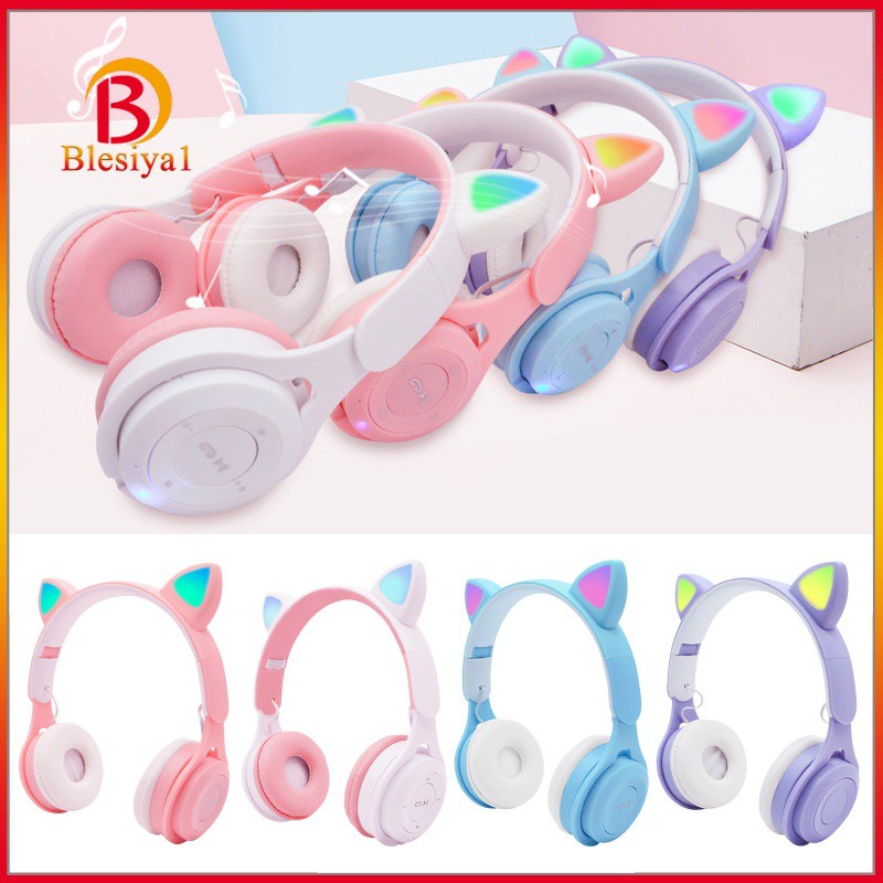 [BLESIYA1] Cat Ear LED Light Up Wireless Foldable Headphones Over Ear with Mic Pink