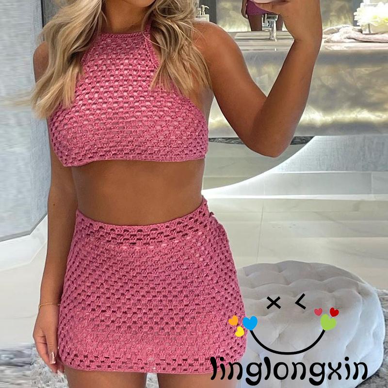 Bộ Áo Croptop Dệt Kim Hai Dây Màu Trơn Phối Chân Váy Mini Thời Trang Mùa Hè Cho Bạn Gái Linglongxi2