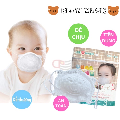 Set 3 Khẩu Trang Hình Gấu 3D UNI MASK Cho Bé 0-2 tuổi Siêu Kháng Khuẩn Chống Bụi Mịn - SABOMART