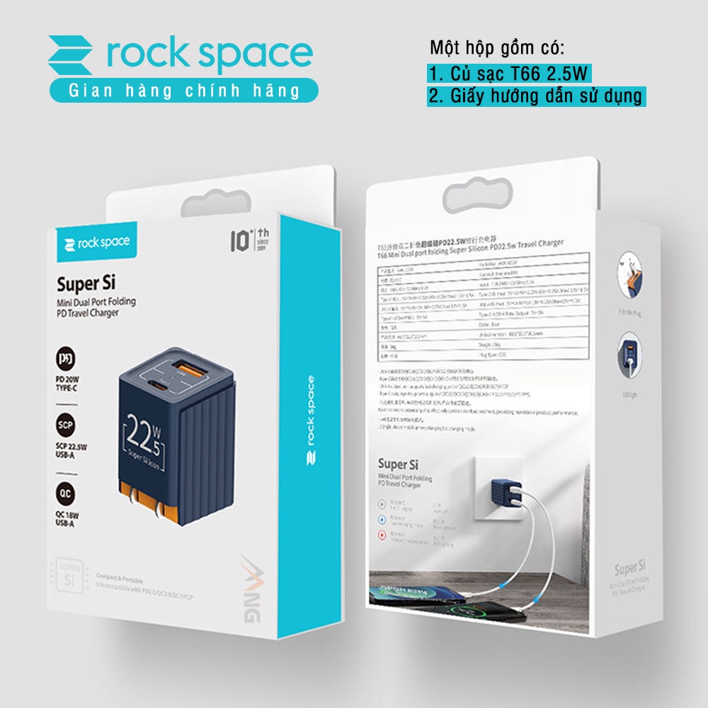 Củ sạc nhanh Rockspace T66 22.5W chuẩn PD cổng USB-TypeC không nóng máy hàng chính hãng - bảo hành 12 tháng