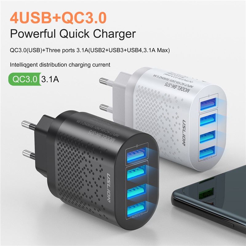 Củ Sạc Nhanh EU / US 3A Quik 3.0 4 Cổng 48W Cho Điện Thoại Android