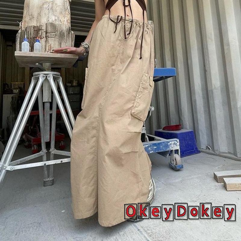Chân Váy Kaki Lưng Thấp Có Túi Lớn Phối Dây Rút Phong Cách Cổ Điển Y2K Thời Trang Cho Nữ