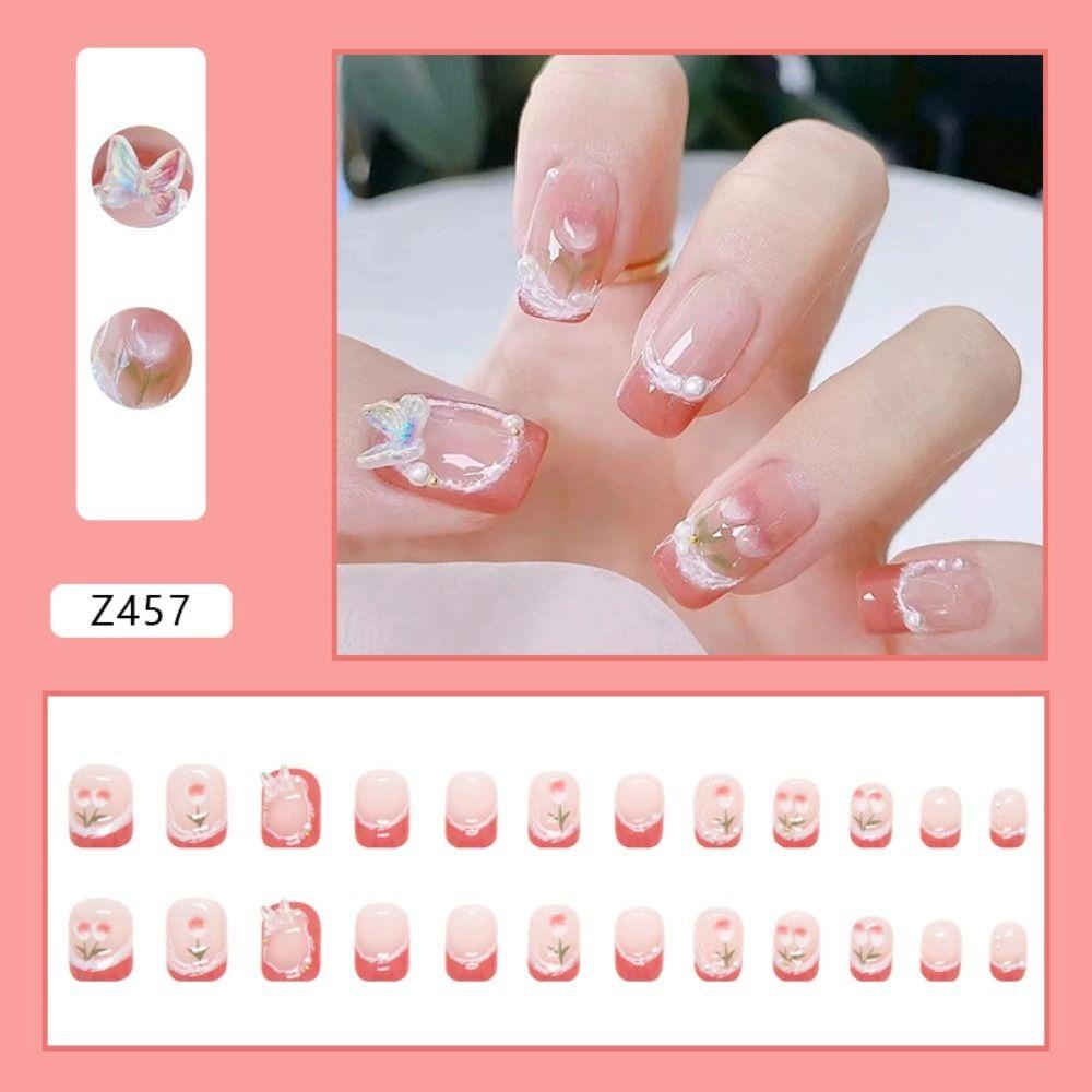 CACTU Bộ 24 Móng Tay Giả Che Phủ Toàn Diện Họa Tiết Ngọn Lửa Lửa / Hoa Đính Pha Lê Xinh Xắn