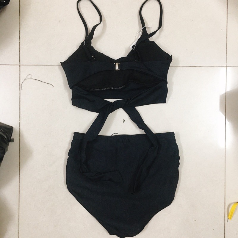 [HÀNG QUẢNG CHÂU] Bikini 2 mảnh lưng cao màu đen áo nhún ngực cá tính | BigBuy360 - bigbuy360.vn
