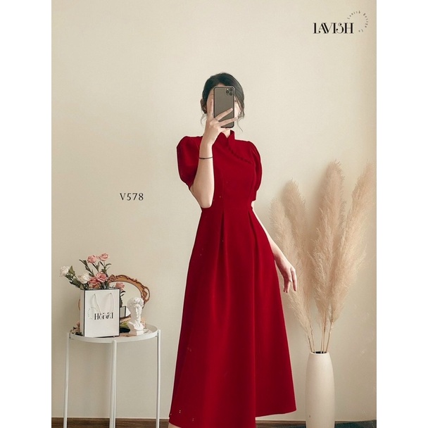 ĐẦM MIDI ĐỎ CỔ TÀU BO EO ❤️
