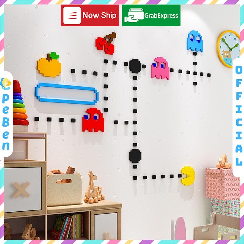Tranh dán tường mica 3d decor khổ lớn trò chơi pacman trang trí phòng cho bé trang trí mầm non Nhiều Size - EPeBen