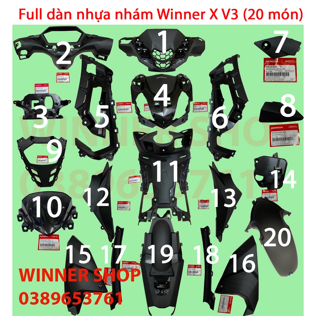 Full Dàn áo nhựa nhám Winner X 2022 (Winner V3) Zin chính hãng Honda (20 món)