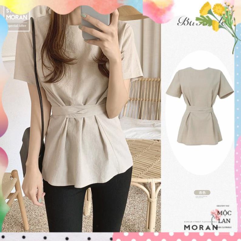 Áo sơ mi cộc tay thắt nơ sau lưng MORAN thon eo style điệu đà vintage công sở Hàn Quốc