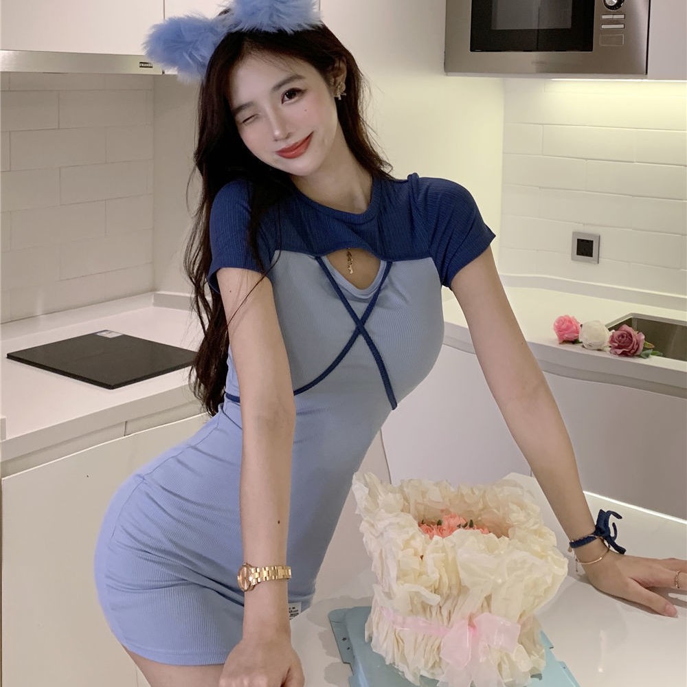 [MURIOKI] Đầm Ngắn Tay Ôm Dáng Giả Hai Lớp Thời Trang Dành Cho Nữ