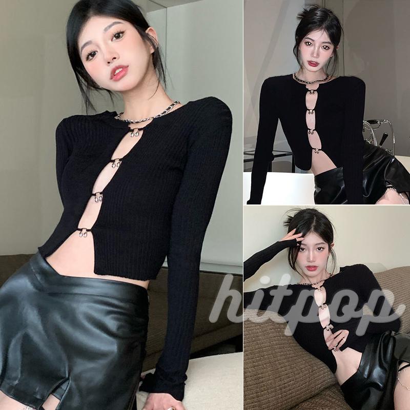 Áo Croptop Tay Dài Cổ Tròn Màu Sắc Thanh Lịch Cho Nữ