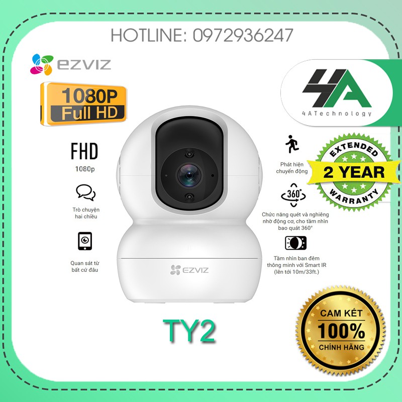 Camera wifi không dây, camera gia đình Ezviz TY1 TY2 2M 1080p,xoay 360 Độ, Đàm thoại loa 2 chiều - Hàng chính hãng