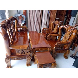 Bộ salon gỗ tay 12 đào chống rồng hương gõ: hcm đồng nai bình dương