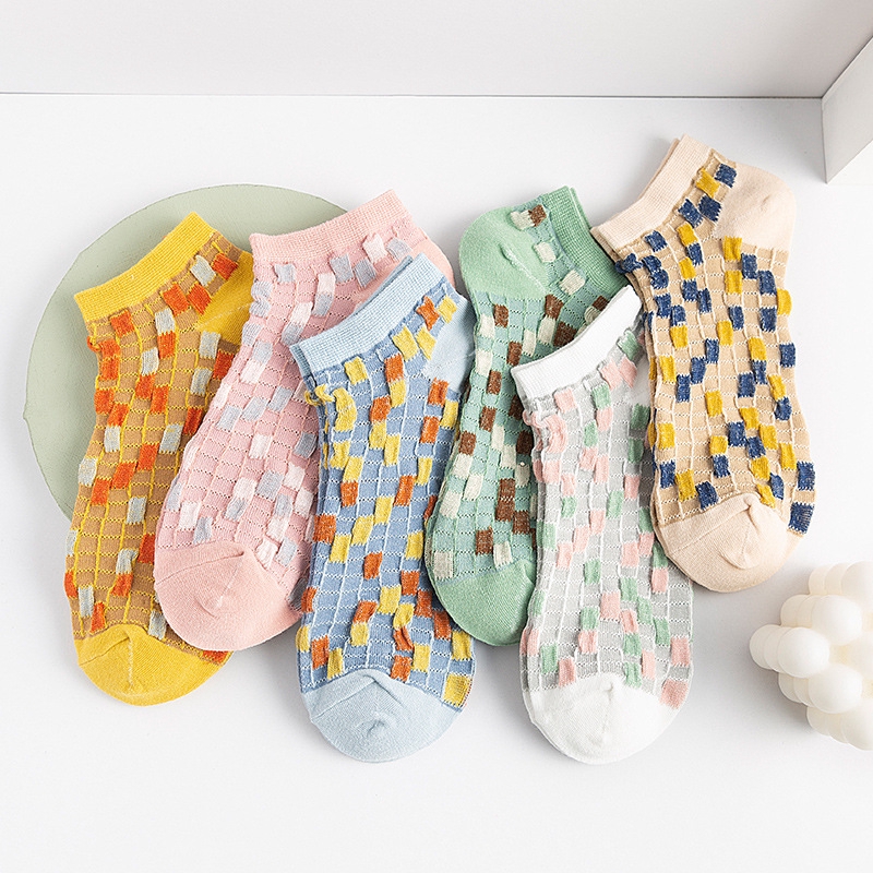 Colorful Plaid Female Ankle Socks Japanese Breathable Cotton Novelty Girls Hosiery Soft Casual Women Socks