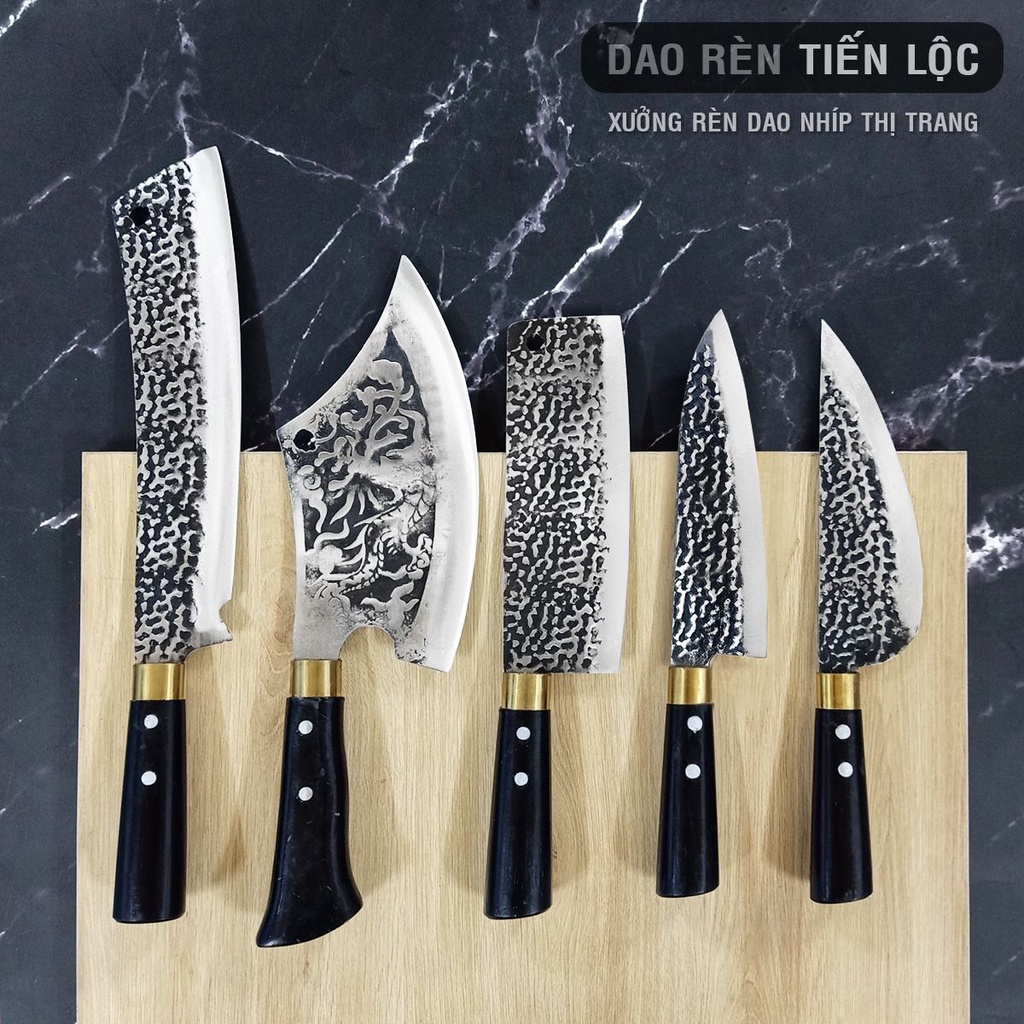 Bộ Dao Làm Bếp Thép Nhíp Dập Vân 2 Mặt, Dao Chặt Cây, Chặt Xương, Thái Lọc