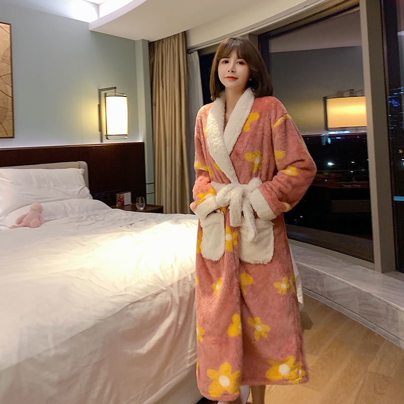 ▶Đồ Ngủ Mùa Đông◀Áo Choàng Ngủ Dài Đến Mắt Cá Chân Bằng Lông Cừu San Hô Dày Thời Trang Thu Đông Cho Nữ