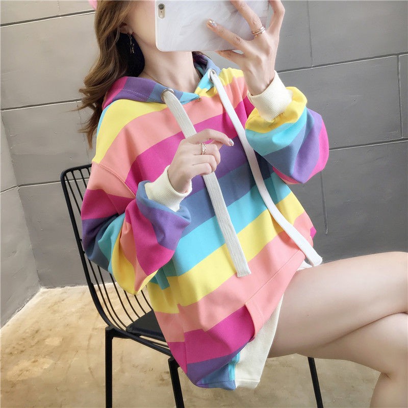 ⚡Cầu Vồng⚡ Áo Hoodie Dài Tay Họa Tiết Sọc Cầu Vồng Cho Cặp Đôi