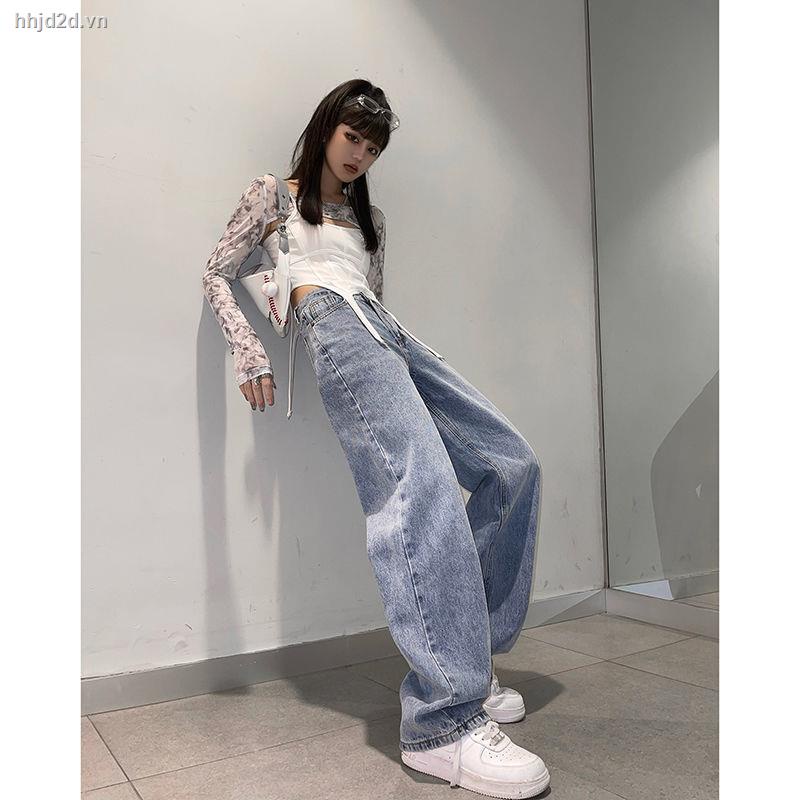 Quần jeans dài lưng cao ống rộng thời trang cho nữ