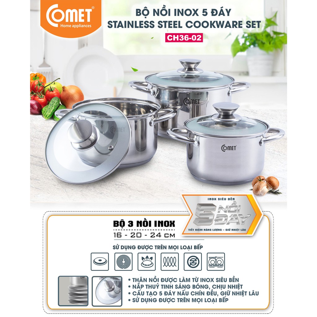 Bộ 03 nồi inox 5 đáy COMET - CH36-02