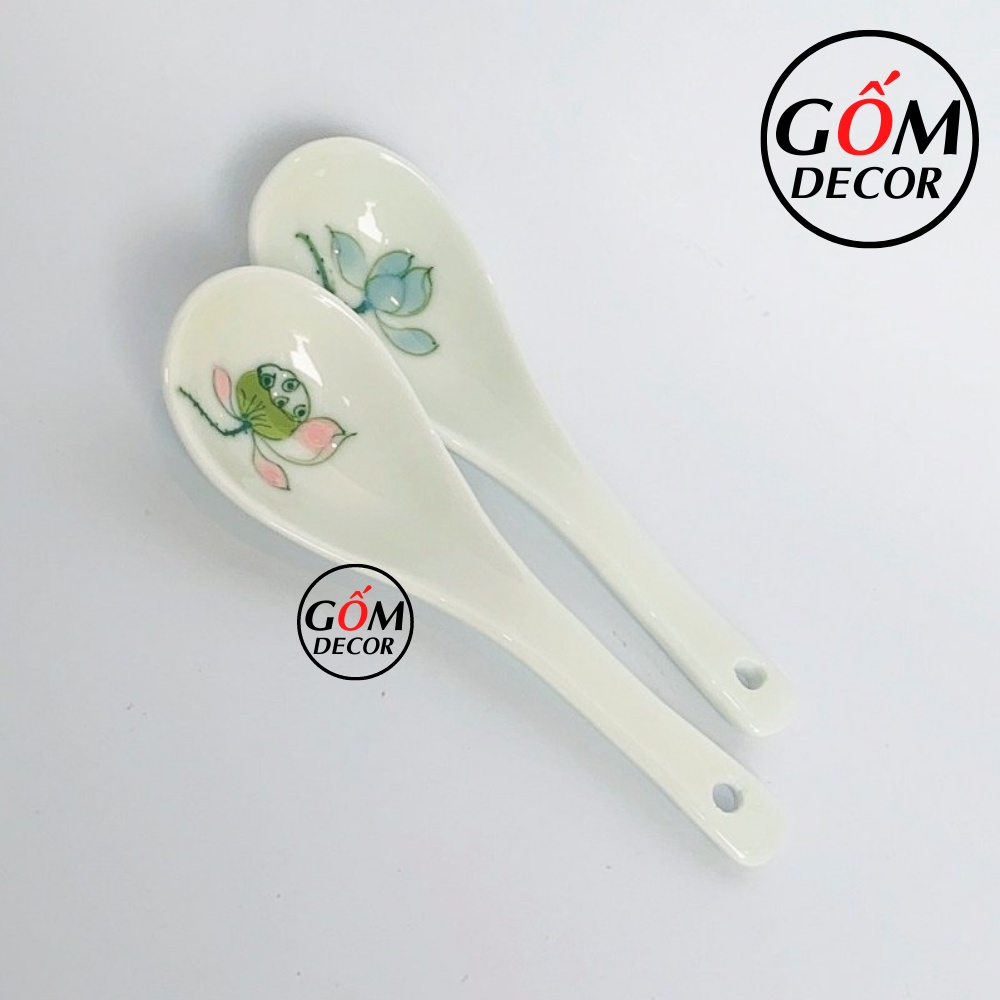 Thìa sứ ăn cơm men kem Bát Tràng họa tiết vẽ tay cao cấp